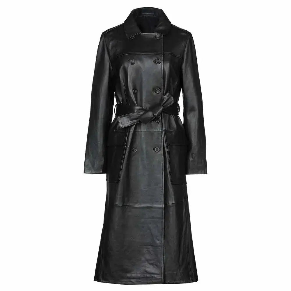 Womens Black Leather Trench Coat