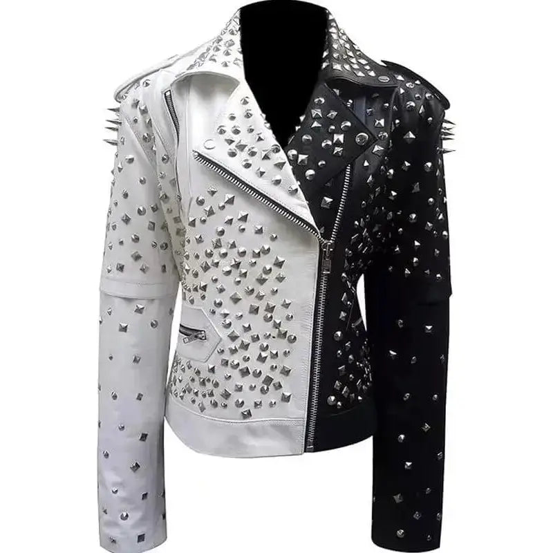 Women’s Black & White Silver Studded Biker Jacket