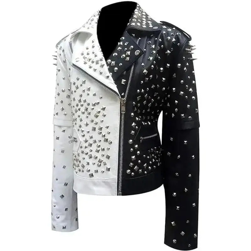 Women’s Black & White Silver Studded Biker Jacket