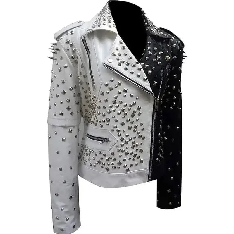 Women’s Black & White Silver Studded Biker Jacket