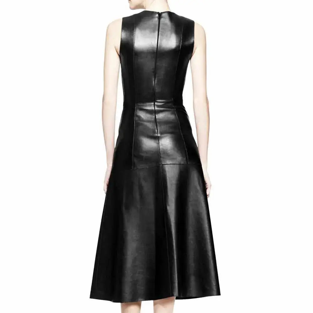 Women's Black Leather Long Party Coat-1