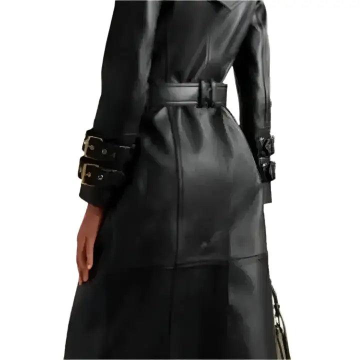 Women's Black Long Leather Trench Coat