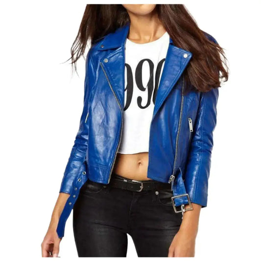 Women's Royal Blue Leather Motorbike Jacket