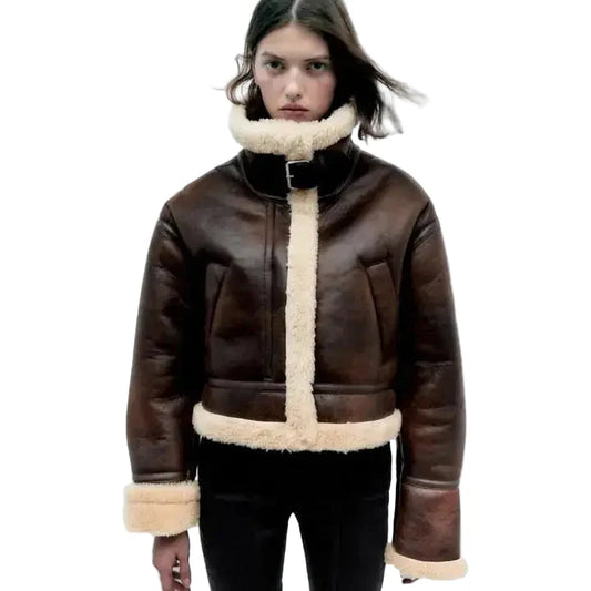 Women’s Dark Brown B3 Bomber Shearling Fur Aviator Jacket-0