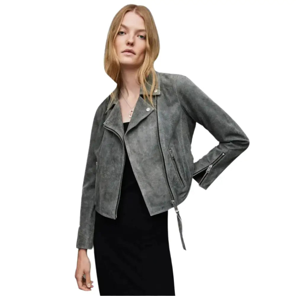 Women’s Gray Suede Leather Biker Jacket