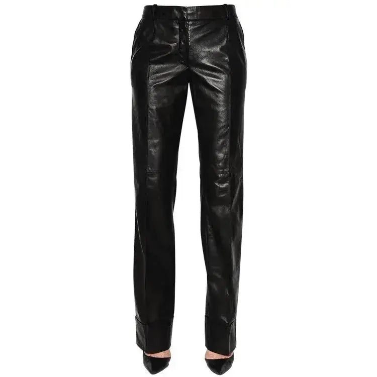 Women's Long Straight Leg Black Lambskin Leather Pants