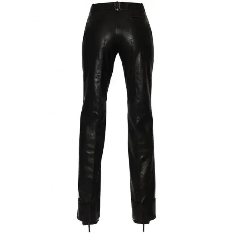 Women's Long Straight Leg Black Lambskin Leather Pants