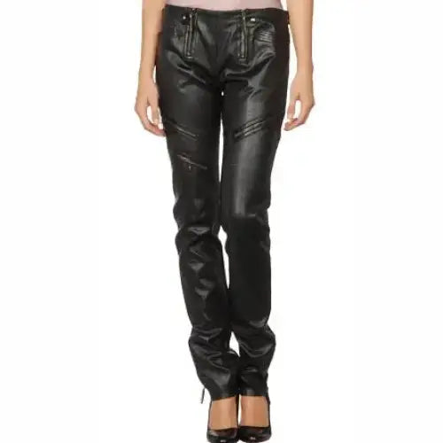 Women’s Lambskin Skinny Straight Leg Leather Pants with Zipper Detail