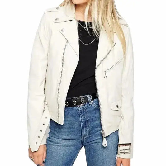 Women’s White Leather Biker Jacket