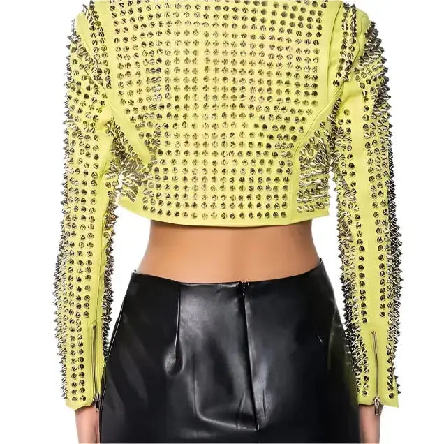 Women’s Yellow Studded Brando Biker Jacket